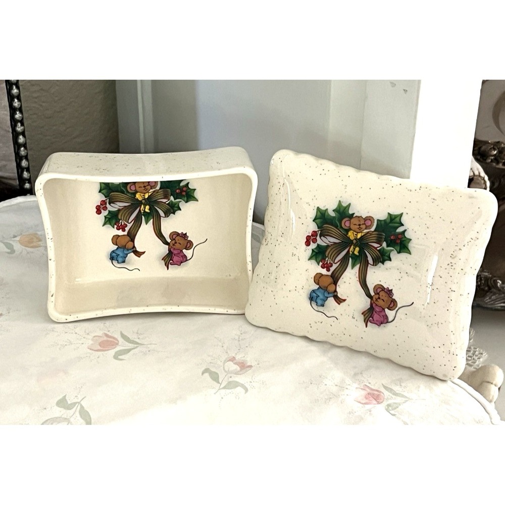 Vtg Christmas Covered Candy Dish w/Mice Glitter Handmade Kitsch Ceramic 1980's - Picture 3 of 12